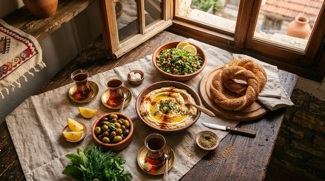 Authentic Turkish kitchen table spread with ceramic dishes, simit, and fresh herbs