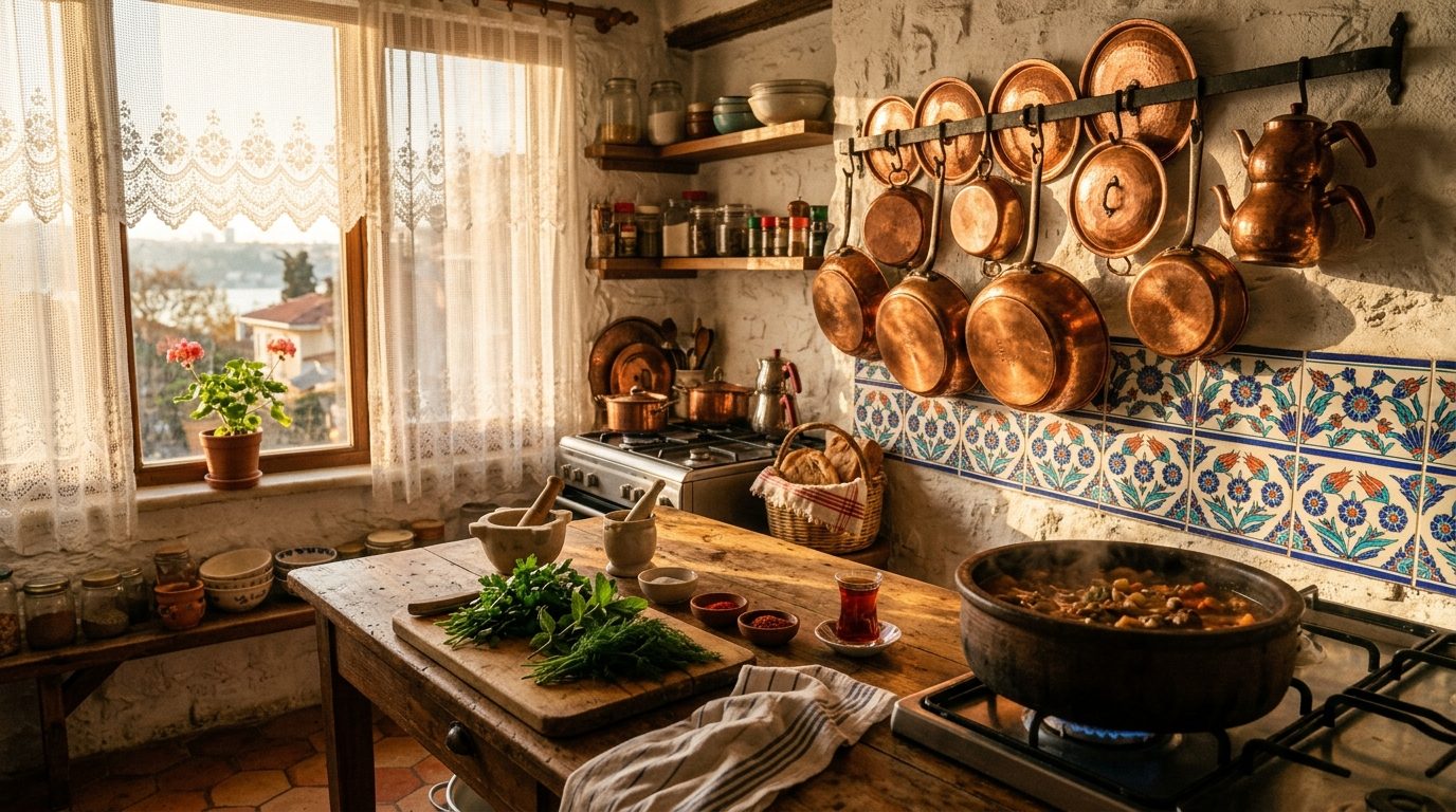 Warm afternoon kitchen in Sarıyer, Istanbul — copper pots and ceramic tiles